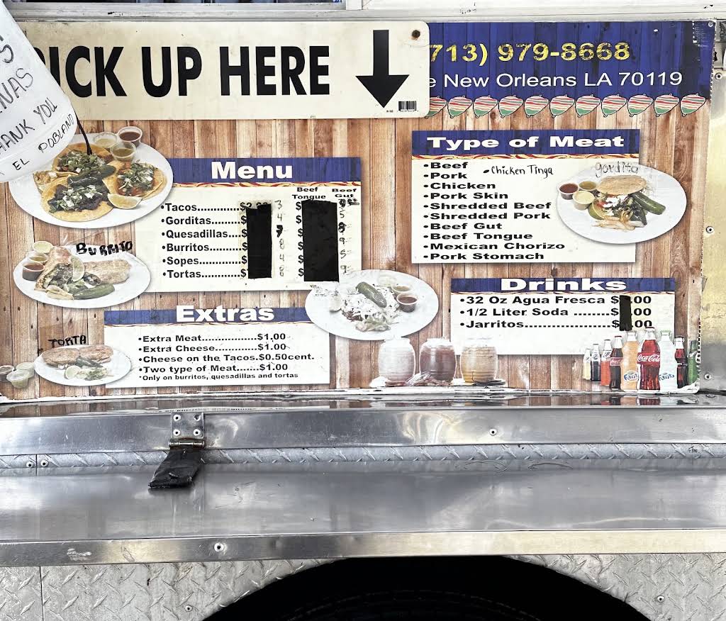 Menu board showing taco, gordita, quesadilla, burrito, sope, and torta categories